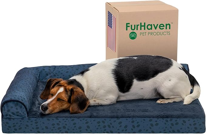 Furhaven Cooling Gel Dog Bed for Medium/Small Dogs w/ Removable Bolsters & Washable Cover, For Dogs Up to 35 lbs - Plush & Almond Print L Shaped Chaise - Blue Almonds, Medium