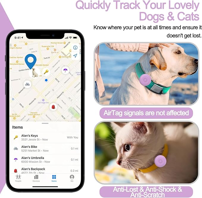 IPX8 Waterproof AirTag Dog Collar Holder, Hidden Air Tag Case for Cat Collar, Anti-Lost Silicone Cover for AirTag GPS Tracker Compatible with Pets Loop, Fits All Width Collars(Purple L)