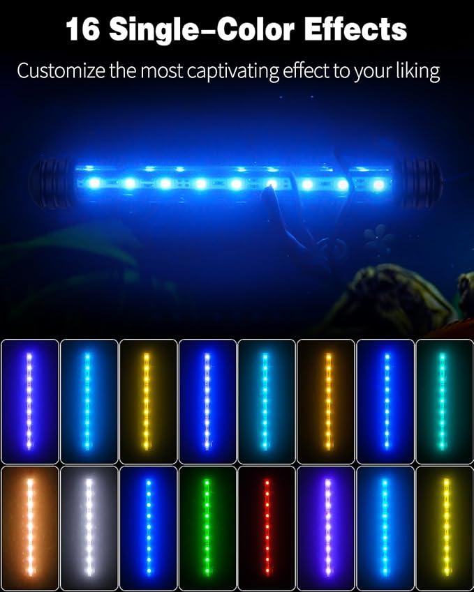 Pawfly Aquarium LED Light Underwater Fish Tank Light with Timer Auto On/Off Fish Tank Background Light with 4 Lighting Modes & 16 Single Color Effects Submersible Tube Light for Decoration