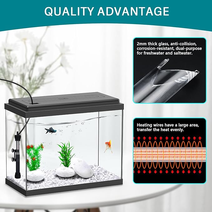 hygger ETL Certification Aquarium Heater, 50W/100W/200W/300W Submersible Fish Tank Thermostat Heater with Firm Double Pair Suction Cups for Coral Saltwater and Freshwater Tank with Thermometer (100W)