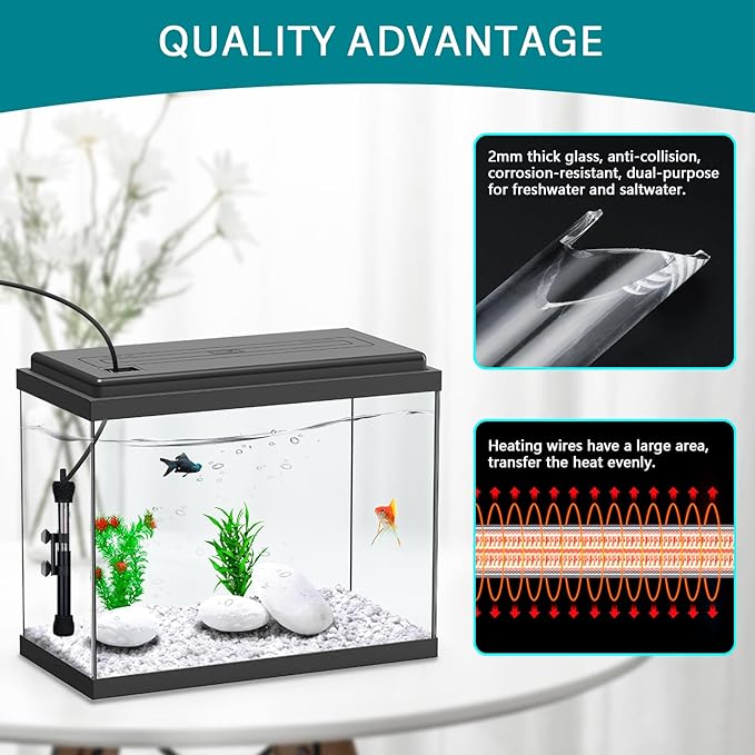 hygger ETL Certification Aquarium Heater, 50W/100W/200W/300W Submersible Fish Tank Thermostat Heater with Firm Double Pair Suction Cups for Coral Saltwater and Freshwater Tank with Thermometer (50W)