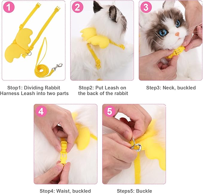 2Pcs Rabbit Harness and Leash, Adjustable Bunny Harness, Kitten Vest Harness and Leash Set, Cute Wings Pet Harness Leash Set for Bunny Puppy Kitten Ferret and Other Small Animals (Yellow+Pink)