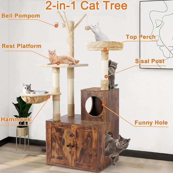 Litter Box Enclosure with Cat Tree, Wooden Cat House with Cat Tree Tower, Hidden Cat Litter Box Furniture with Scratching Post, Modern Cat Condo, Rustic Brown