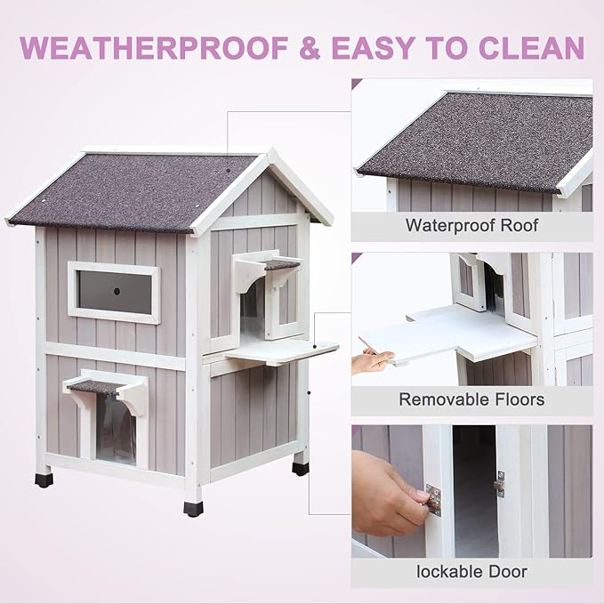 HiCaptain Outdoor Cat House for Outdoor Cats, Large Outside Weatherproof Feral Cat Shelter fot Multiple Cats, Unique Wooden Cat House with Balcony, Escape Door (2-story, Grey House with Mat)