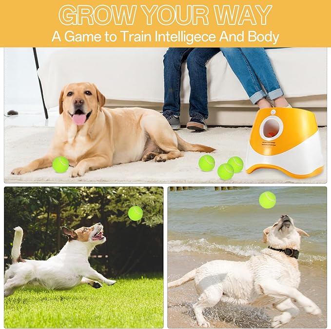 Automatic Dog Ball Launcher, with 12PCS Tennis Ball 3 Adjustable Distances Settings, Rechargeable Ball Launcher for Dogs,Interacive Dog Toys Thrower Machine Perfect for Small Dogs(Yellow)