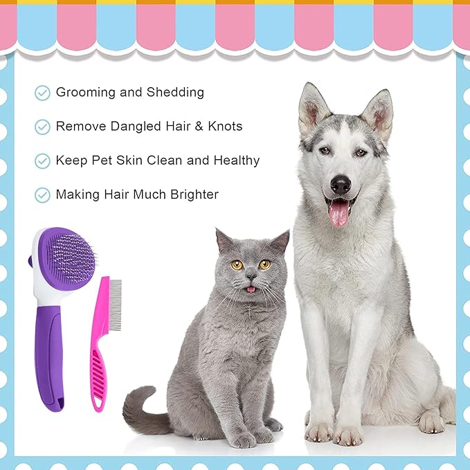 Cat Brushes for Indoor Cats, Dog Brush for Shedding with Metal Cat Comb, Self Cleaning Pet Hair Brush with Release Button for Grooming Kitten(Purple)