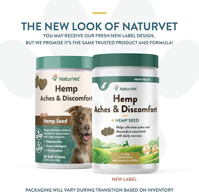 NaturVet Hemp Aches & Discomfort Plus Hemp Seed for Dogs, 60 ct Soft Chews, Made in The USA