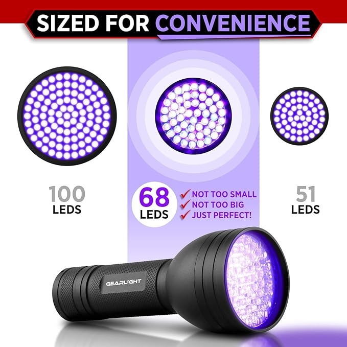 GearLight UV Flashlight with Batteries S68 Black Light - Portable, Handheld, 68 LED Blacklight Flashlights - Ultraviolet Lights for Pet Urine, Hotel Inspection and Bed Bug Detection