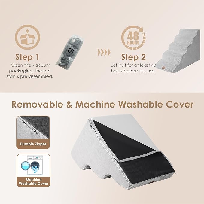 EHEYCIGA Curved Dog Stairs for High Beds 22.6" H, 5-Step Dog Steps for Small Dogs and Cats, Pet Stairs for High Bed Climbing, Non-Slip Balanced Pet Step Indoor, Light Grey