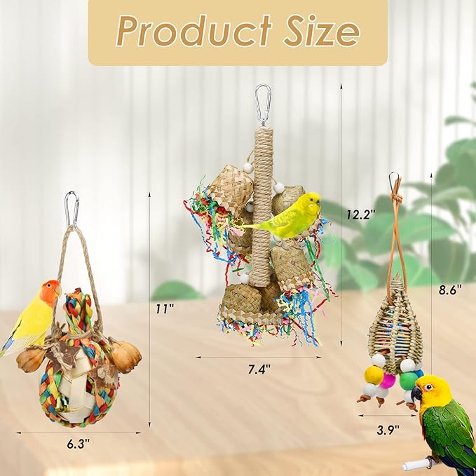 3pcs Parrot Chewing Rattan Corn Husk Toys Handmade Bamboo Palm Leaf Toys Budgie Foraging Toys Small Bird Hanging Swing Shredder Toys for Birds Parakeet Cockatiel Love Birds