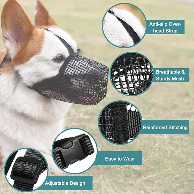 Mayerzon Dog Muzzle, Soft Mesh Covered Muzzles for Small Medium Large Dogs, Poisoned Bait Protection Muzzle with Adjustable Straps, Prevent Biting Chewing and Licking