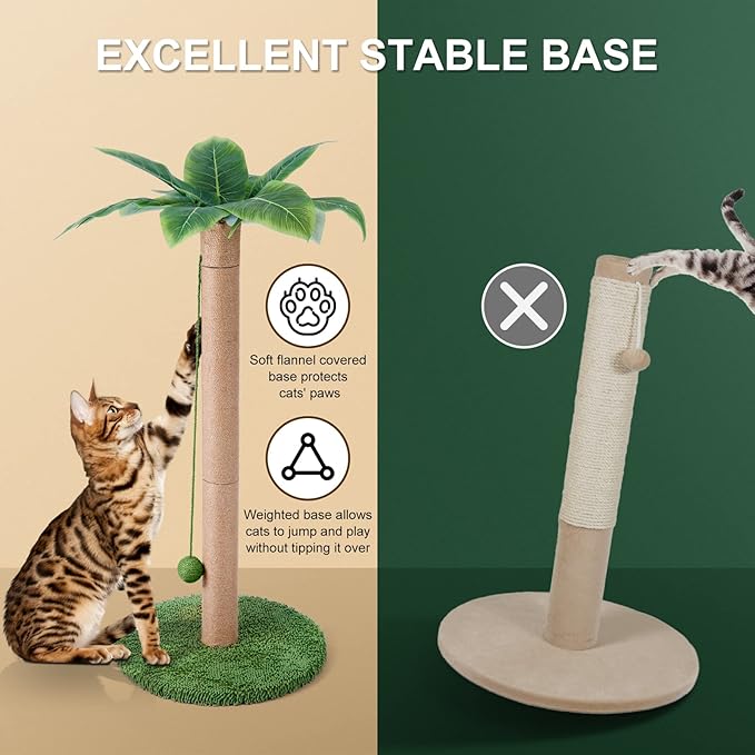 Odoland Cat Scratching Post - Indoor 33 inch Palm Tree Sisal Scratch Posts with Dangling Balls for Kitten and Large Cat - Vertical Scratcher Cute Cat Scratching Post Fun Cat Toy Green