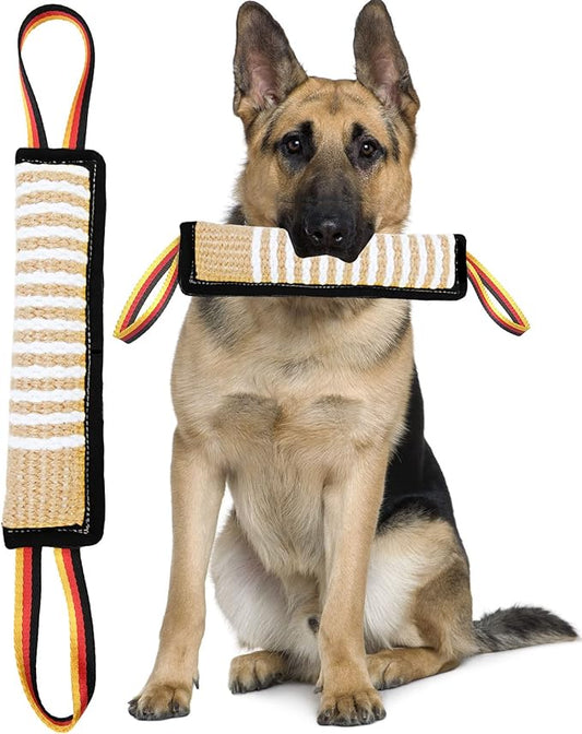 Dog Tug Toy Dog Tough Jute Bite Pillow - Lasting Training Equipment - Two Flag Handles Puppy to Large Dogs Interactive Toy war toys for aggressive chewers.