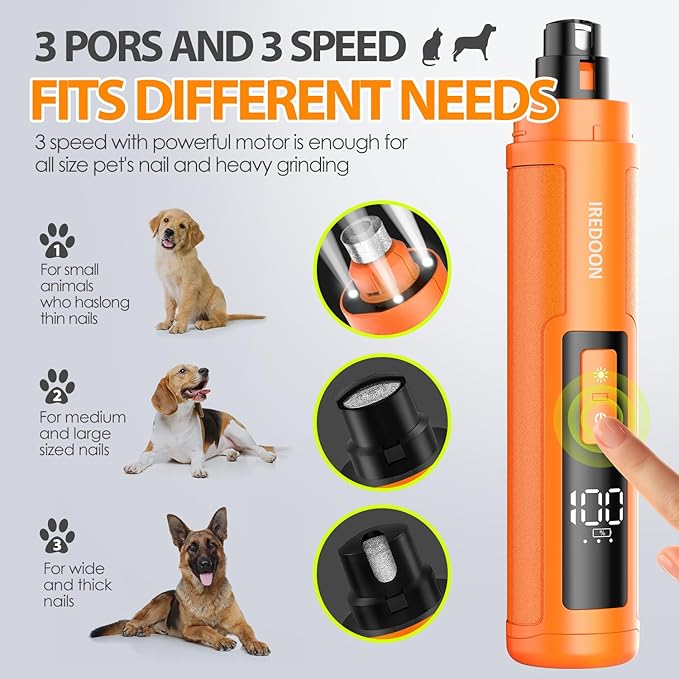 Dog Nail Grinder Upgraded - Professional 3-Speed Super Quiet and Low Vibration Electric Pet Nail Grinder with 4 LED Lights - Painless Paws Grooming & Smoothing for Small to Large Dogs (Orange)