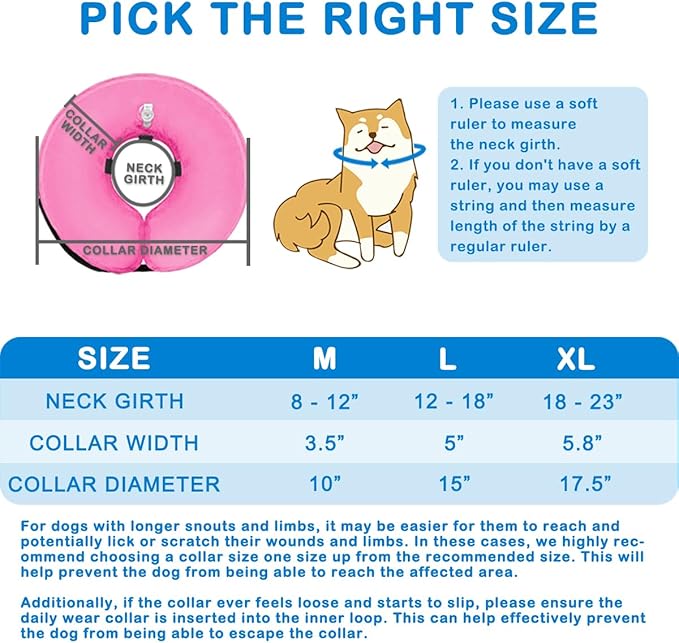 Inflatable Dog Cone Collar (L Size), Soft Blow-up Protective Recovery Dog Collar, Pet Donut Cone Collar, Comfy E-Collar After Surgery for Medium Large Dog to Prevent Biting Scratching, Pink