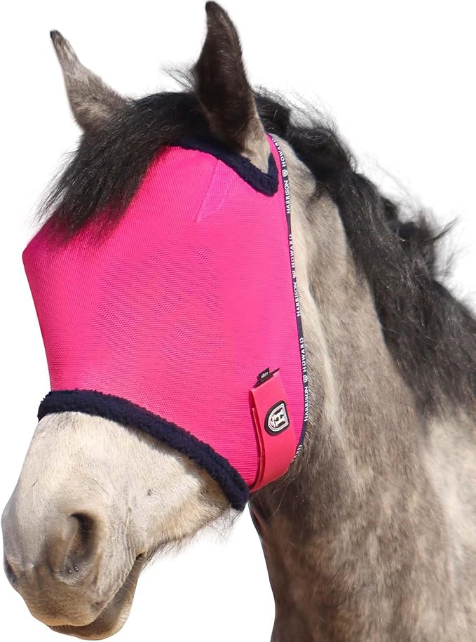 Harrison Howard All Round Mesh Horse Fly Mask UV Protective with Fleece Padded Edging Magenta L