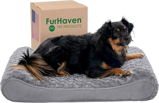 Furhaven Orthopedic Dog Bed for Medium/Small Dogs w/ Removable Washable Cover, For Dogs Up to 23 lbs - Ultra Plush Faux Fur & Suede Luxe Lounger Contour Mattress - Gray, Medium