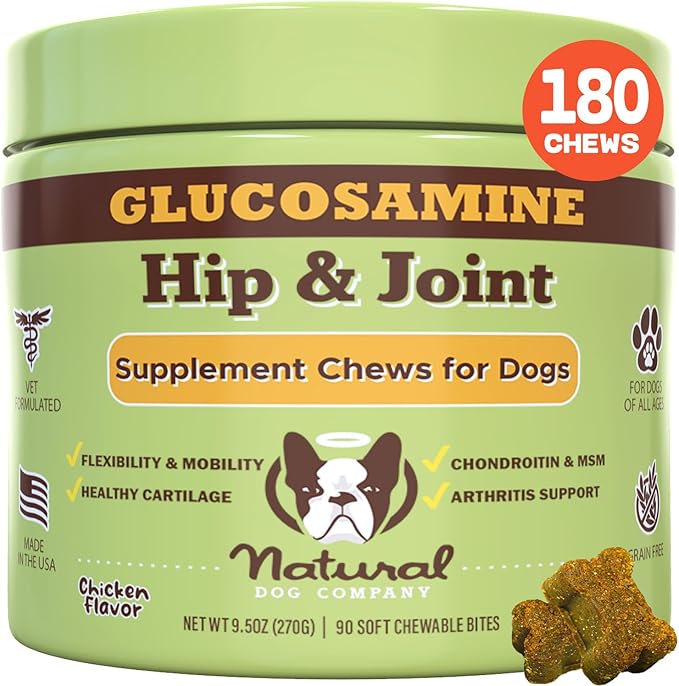 Natural Dog Company Hip & Joint Chews, Chicken Liver & Turmeric Flavor, with Glucosamine Chondroitin for Dogs, Maintains Bone and Joint Health, Supplements for Seniors and Puppies, 180 Count