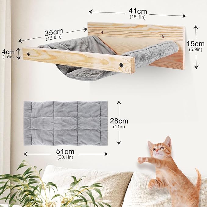 Almcmy Cat Hammock Wall Mounted, Floating Cat Shelves for Wall, Wooden Cat Beds and Perches for Wall, Holds up to 33 lbs, Cat Wall Furniture for Sleeping, Playing, Climbing, Lounging