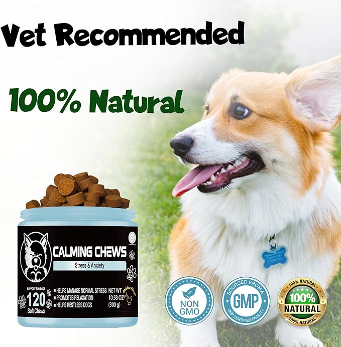 Pets Calming Chews for Dogs - Melatonin for Dogs - Safe Food Supplements - Dog Anxiety Relief -Hemp Calming Chews for Dogs - Separation Anxiety Relief for Dogs - Pets Travel Calm - Dog Calm