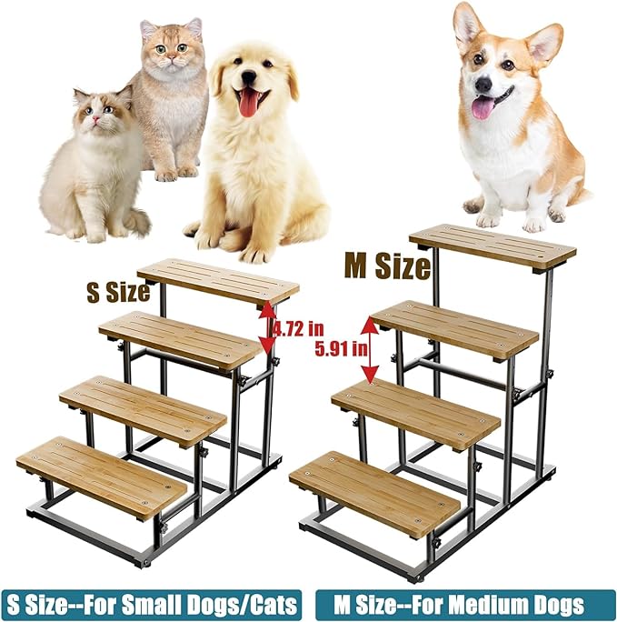 Deformable Bamboo Pet Dog Stairs Dog Steps for High Bed & Couch, Adjusted 4 or 3 Ladder Dog Step Pet Stairs, Metal & Non-Slip Bamboo Board Pet Step Cat Stairs Steps for Small Medium Dogs