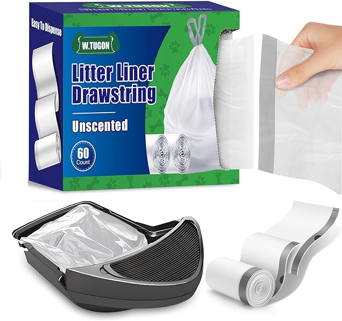 60 Pack Litter Box Robot 3 and 4 Waste Bags, 2.5 Mils Extra Thick Litter Box Liner, Box Drawstrings Closure Waste Bags for Self-Cleaning Litter Box