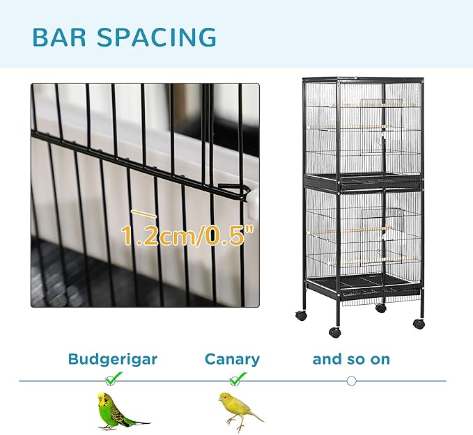 PawHut Large Bird Cage with 1.7 ft. Width for Wingspan, Bird Aviary Indoor with Multi-Door Design, Fit for a Canary, Finch, Conure, 55", Black