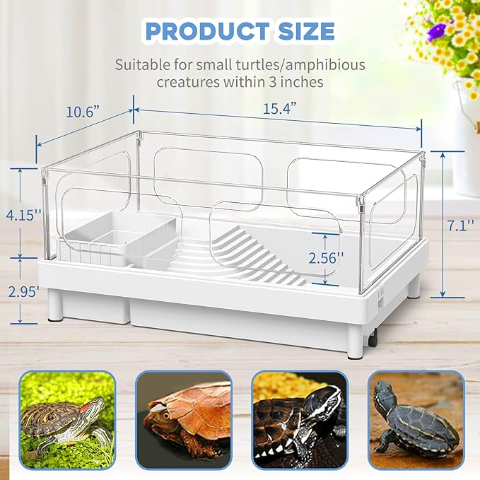 Small Turtle Tank, Turtle Aquarium, Acrylic Turtle Terrarium with Basking Platform, Bottom Drainage, Multi-Function Areas for Turtles, Crabs, Crayfish, Small Reptiles. (White Tank)