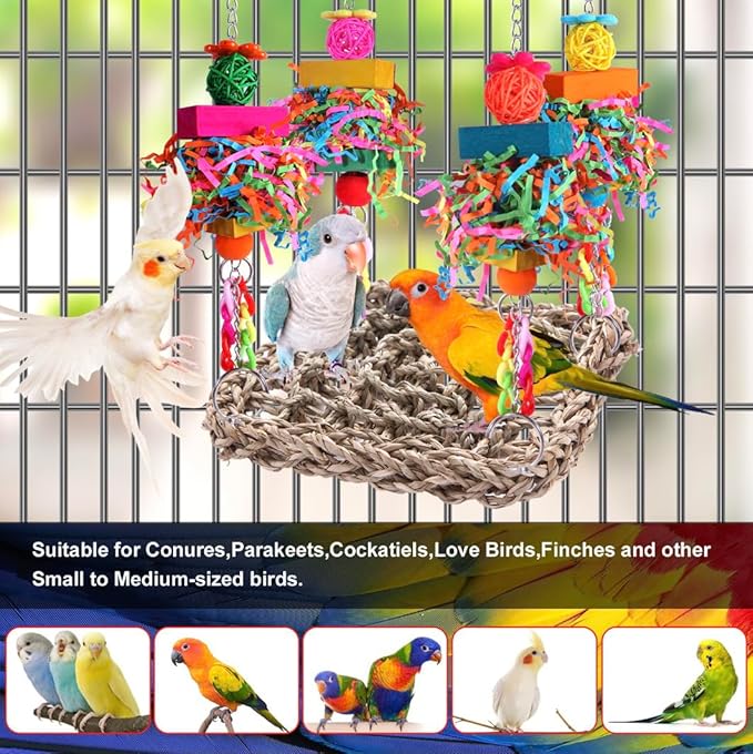 Parakeet Toys Bird Toys Conure Toys Birdcage Stands Bird Foraging Wall Seagrass Woven Hammock Swing Mat for Lovebirds,Cockatiel,Budgie and other Small to Middle Birds