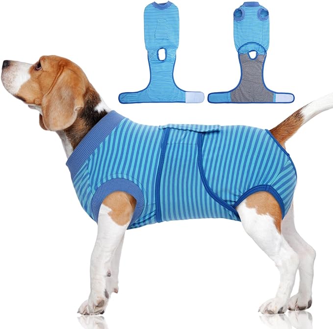 FUAMEY Recovery Suit for Dogs After Surgery,Soft Breathable Dog Bodysuit E-Collar & Cone Alternative Surgical Suit,Male Female Dog Neuter Spay Suits Anti Licking Wounds Onesie Navy Blue Strips XL