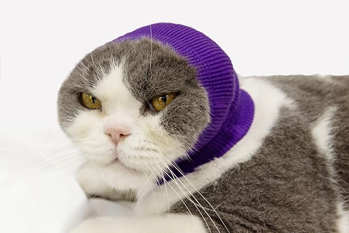 Pet War Flap Head Wrap (2 Pack), No Flap Ear Wrap Cat Small Headband Ears Happy Head Scarf Ear Wrap for Cats Grey+Purple S