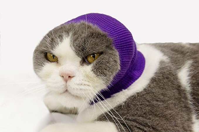 Pet War Flap Head Wrap (2 Pack), No Flap Ear Wrap Cat Small Headband Ears Happy Head Scarf Ear Wrap for Cats Grey+Purple S
