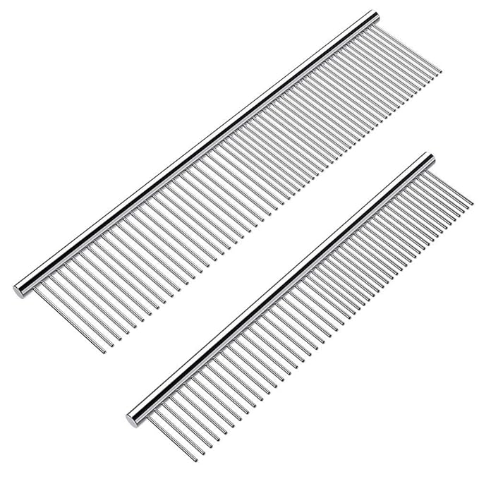 2 Pack Dog Combs with Rounded Ends Stainless Steel Teeth, Cat Comb for Removing Tangles and Knots, Professional Grooming Tool for Long and Short Haired Dog, Cat and other pets, 6.3IN/7.4IN