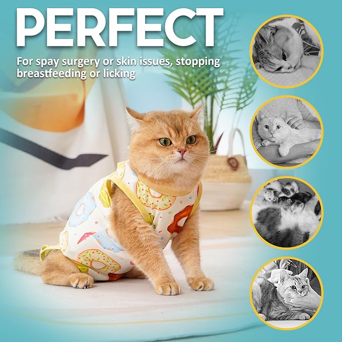 Avont Cat Recovery Suit - Kitten Onesie for Cats After Surgery, Cone of Shame Alternative Surgical Spay Suit for Female Cat, Post-Surgery or Skin Diseases Protection -Donut(M+)