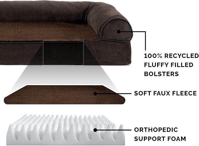 Furhaven Orthopedic Dog Bed for Large/Medium Dogs w/ Removable Bolsters & Washable Cover, For Dogs Up to 55 lbs - Sherpa & Chenille Sofa - Coffee, Large