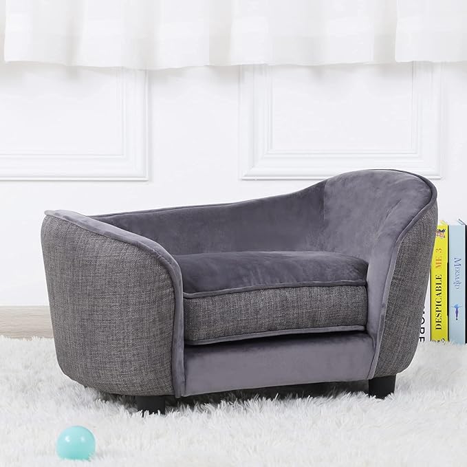 Pet Sofa Bed, Velvet & Linen fabric Dog Couch with Washable Cushion for Small Dog Cat Gray (Gray)