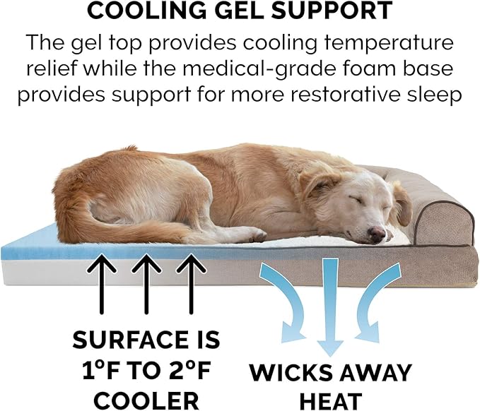 Furhaven Cooling Gel Dog Bed for Large Dogs w/ Removable Bolsters & Washable Cover, For Dogs Up to 95 lbs - Sherpa & Chenille Sofa - Cream, Jumbo/XL