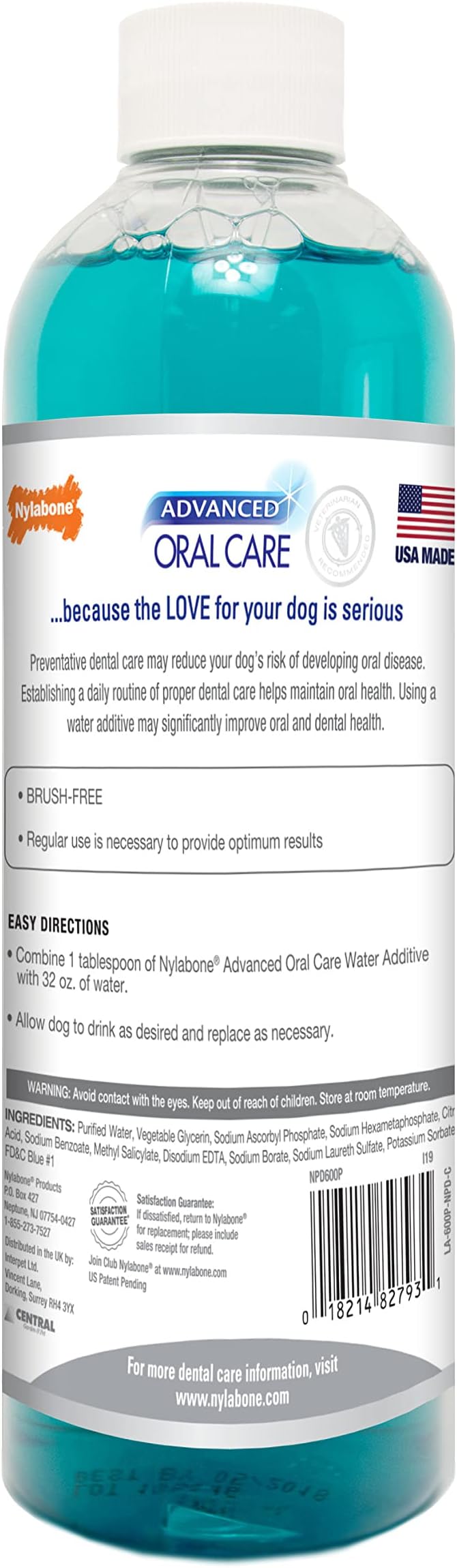 Nylabone Advanced Oral Care Dog Water Additive for Dental Care - Liquid Tartar Remover - Dog Breath Freshener & Teeth-Cleaning Liquid (16 oz.)