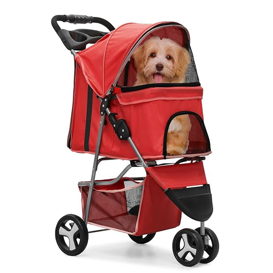 MoNiBloom 3 Wheels Pet Stroller, Foldable Puppy Cage Jogger Stroller with Weather Cover for All-Season, Storage Basket and Cup Holder, Breathable and Visible Mesh for Small/Medium Pets, Red
