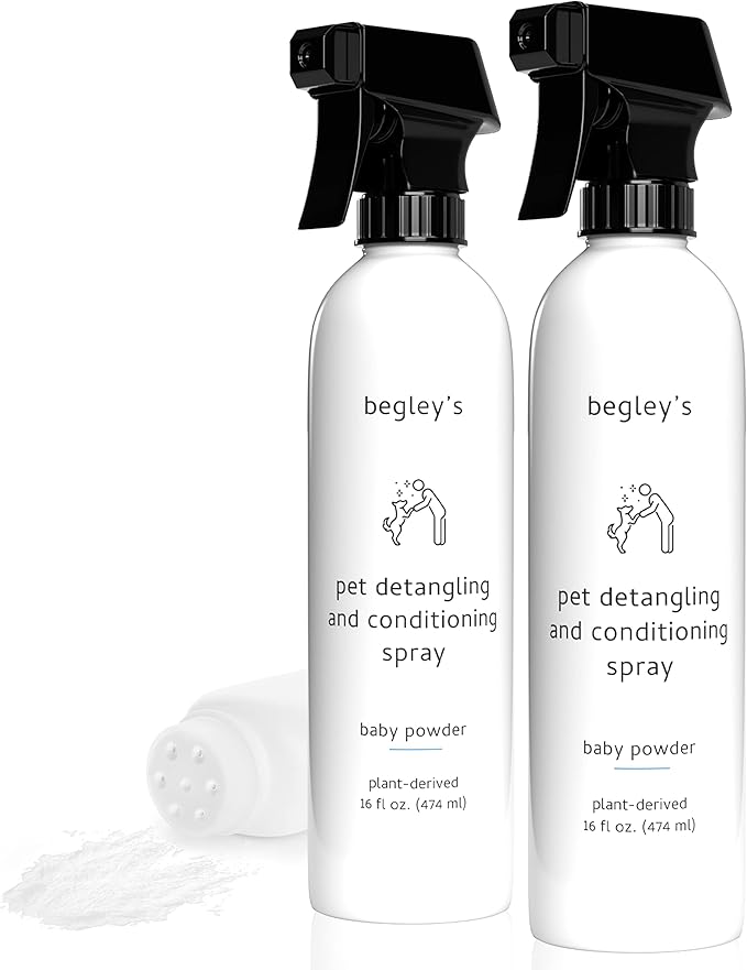 Begley's Natural Pet Detangling Spray - Premium Essential Oil Scented Detangler Spray for Dogs, Puppies & Cats - Dog Leave in Conditioner Spray - Dematting Spray for Dogs & Pets - 16 oz, Baby Powder