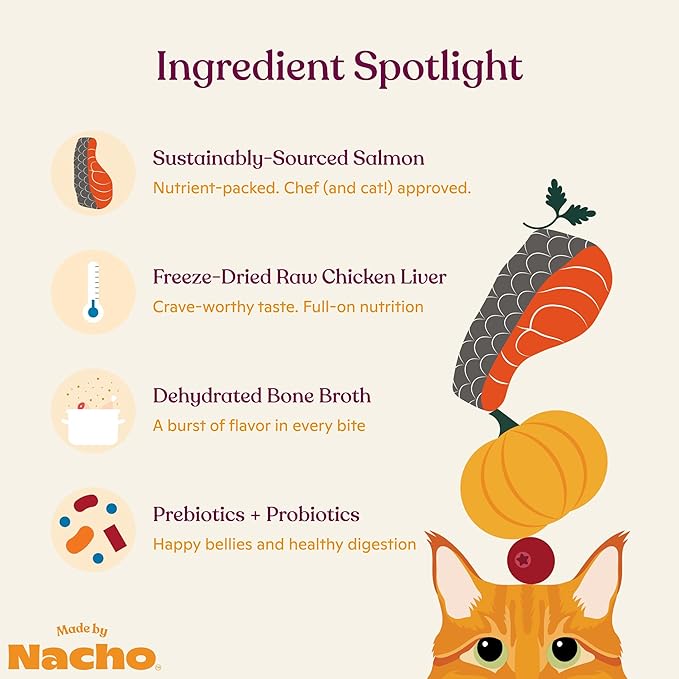 Made by Nacho Premium Dry Cat Food High Protein Kibble with Freeze Dried Pieces for Enhanced Nutrition and Flavor 10lb Bag (Sustainably-Caught Salmon, Whitefish & Pumpkin), Limited Ingredients