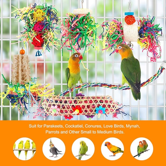 Bird Toys Bird Shredding Foraging Toys Parakeet Toy Chewing Hanging Toy Bird Shredded Paper Bird Cage Accessories Bird Rope Perch for Conure Cockatiel Budgies Lovebird Parrotlet (with Rope Perch)