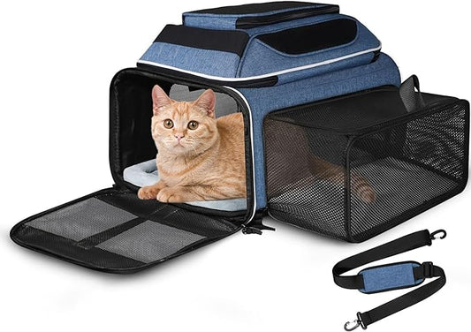 Top and Side Expandable Pet Carrier 17x12x8.5 Inches JetBlue Frontier Spirit Airline Approved, Soft-Sided Carrier for Small Cats and Dogs with Locking Safety Zippers and Anti-Scratch Mesh(Blue)