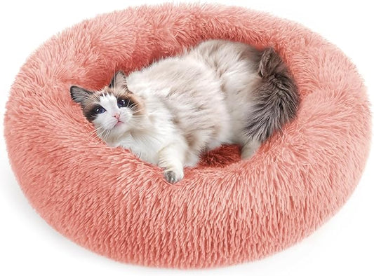 rabbitgoo Cat Beds for Indoor Cats, 24 inches Cat Bed Machine Washable, Fluffy Round Pet Bed Non-Slip, Calming Soft Plush Donut Cuddler Cushion Self Warming for Small Dogs Kittens, Pink, Large