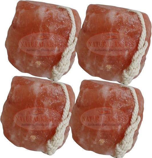 4 Pack Himalayan Salt Lick on Ropes for Animals - All Natural Pure Mineral Block - Himalayan Salt Block for Deer, Salt Block for Horses, Cows, and Other Livestock - 2.5 lbs Each