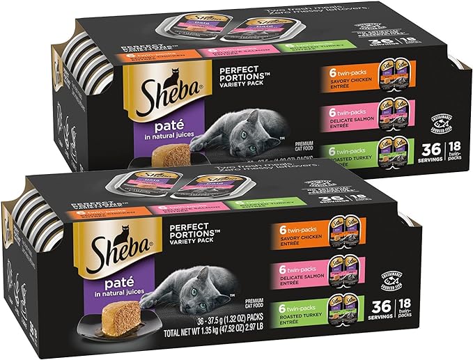 SHEBA PERFECT PORTIONS Paté Wet Cat Food Trays (36 Count, 72 Servings), Savory Chicken, Delicate Salmon, and Roasted Turkey Entrée, Easy Peel Twin-Pack Trays