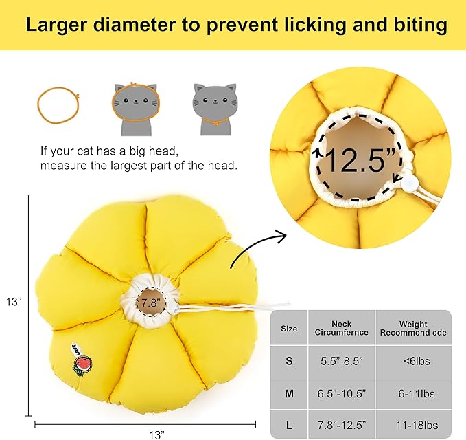 HiDREAM Cat Cone Collar,Cute Waterproof Elizabethan e Collar for Cats,Anti-Bite Lick Wound Healing Safety Cat Recovery Collar,Yellow Flower All-Season Style