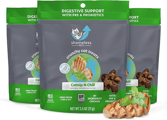 Shameless Pets Crunchy Cat Treats - Catnip Treats for Cats with Digestive Support, Natural Ingredients Kitten Treats with Real Chicken, Healthy Flavored Feline Snacks - Catnip N Chill, 3-Pk