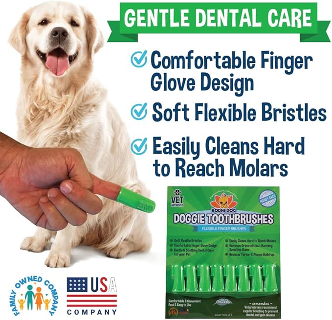 Bodhi Dog Dental Gel Reduces Tartar and Freshens Bad Breath + 8-Pack Gentle Disposable Finger Toothbrush | Soft & High-Grade Dog Toothbrush with Silicone Bristles | Oral Care or Dental Care Bundle