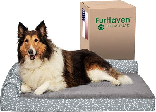 Furhaven Cooling Gel Dog Bed for Large Dogs w/ Removable Bolsters & Washable Cover, For Dogs Up to 95 lbs - Plush & Almond Print L Shaped Chaise - Gray Almonds, Jumbo/XL